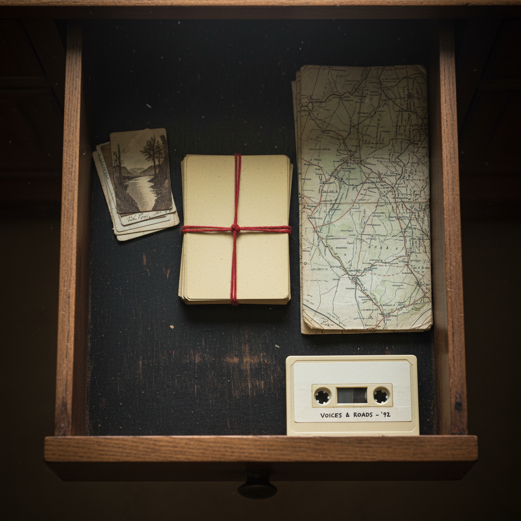 A narrow wooden drawer is pulled open to reveal a careful arrangement of writing artifacts: bundled index cards tied with red thread, a small stack of dog-eared postcards, a folded map with creases ground deep from handling, and a compact audio cassette labeled in tiny block letters. The interior wood is darkened from years of use, contrasted with the lighter, polished exterior. Diffused morning light enters from above and slightly behind, illuminating dust motes that hover in the air and drawing out the soft sheen of the thread and the fibers of the paper. Photographic realism, overhead perspective with the drawer filling the frame, edges slightly vignetted, creating a quiet, archival intimacy with a sophisticated, slightly melancholic tone.