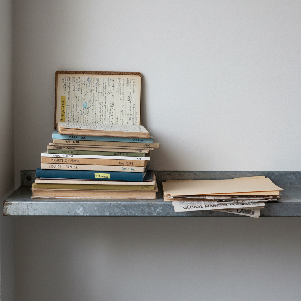 A neatly stacked pile of mismatched notebooks and legal pads sits on a narrow metal shelf, each spine labeled in small, fading handwriting: dates, cryptic phrases, half-torn stickers. The top notebook is open to a densely annotated page, margins filled with tiny arrows and dryly funny corrections. Beside the stack, a heavy, slightly yellowed file folder spills a few clipped newspaper headlines onto the shelf. Cool overcast light filters from an unseen window, flattening colors into subdued grays, muted tans, and soft blues, emphasizing the textures of paper and cardboard. The metal shelf shows small patches of rust and chipped paint. Photographic realism, eye-level composition with the stack framed by negative space, creating a sophisticated, slightly deadpan archival atmosphere, as though the notebooks are the only witnesses in an otherwise empty room.