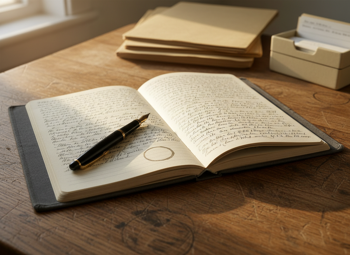 An open, cloth-bound notebook in deep charcoal gray lies flat on an old oak desk, its cream pages filled with tightly packed, handwritten lines that fade and darken as if written over many years. A single fountain pen with a worn black barrel and gold nib rests diagonally across the margin, a faint ring of dried ink nearby. The desk bears shallow scratches and ghostly circles from long-evaporated cups. Soft late-afternoon window light falls from the left, creating a gentle gradient across the paper and deepening the grain of the wood. The background is subtly out of focus: stacked, unlabeled manila folders and a slightly askew index card box. Photographic realism, shot at a slightly elevated angle with shallow depth of field, calm and contemplative, with a quiet archival mood.